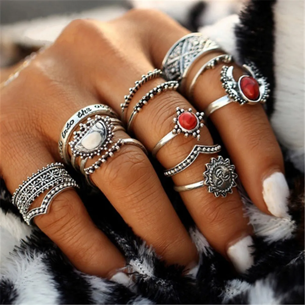 14pcs/Set Finger Rings Jewelry Wholesale Women Bohemian Vintage Silver Stack Above Knuckle Blue Set Beautiful #10 | Украшения и