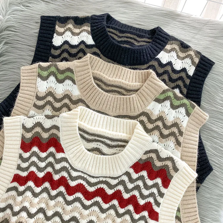 

new V-neck vest retro striped knitted vest college sleeveless vest fashion vests sleeveless jacket women for2020