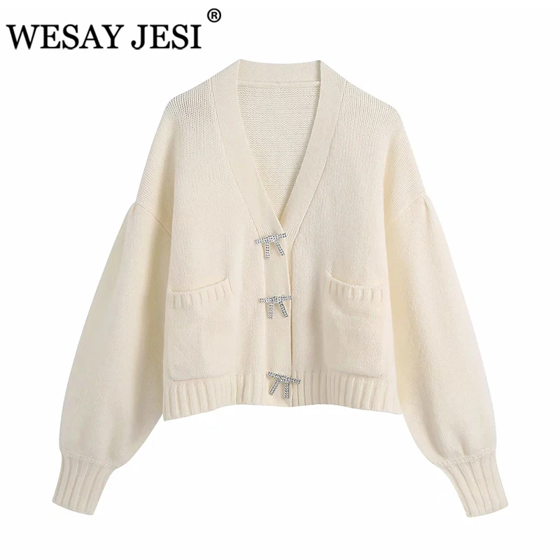

WESAY JESI Cardigan For Women 2021 Solid Coat Rhinestone Buttons Long Sleeve Woman Clothes V-Neck Loose Sweater Casual Chic Tops