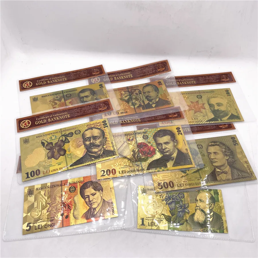 

1pc Colored Gold Foil Plastic Banknote Romanian souvenir Currency for 100th anniversary of the unification Romania fake money