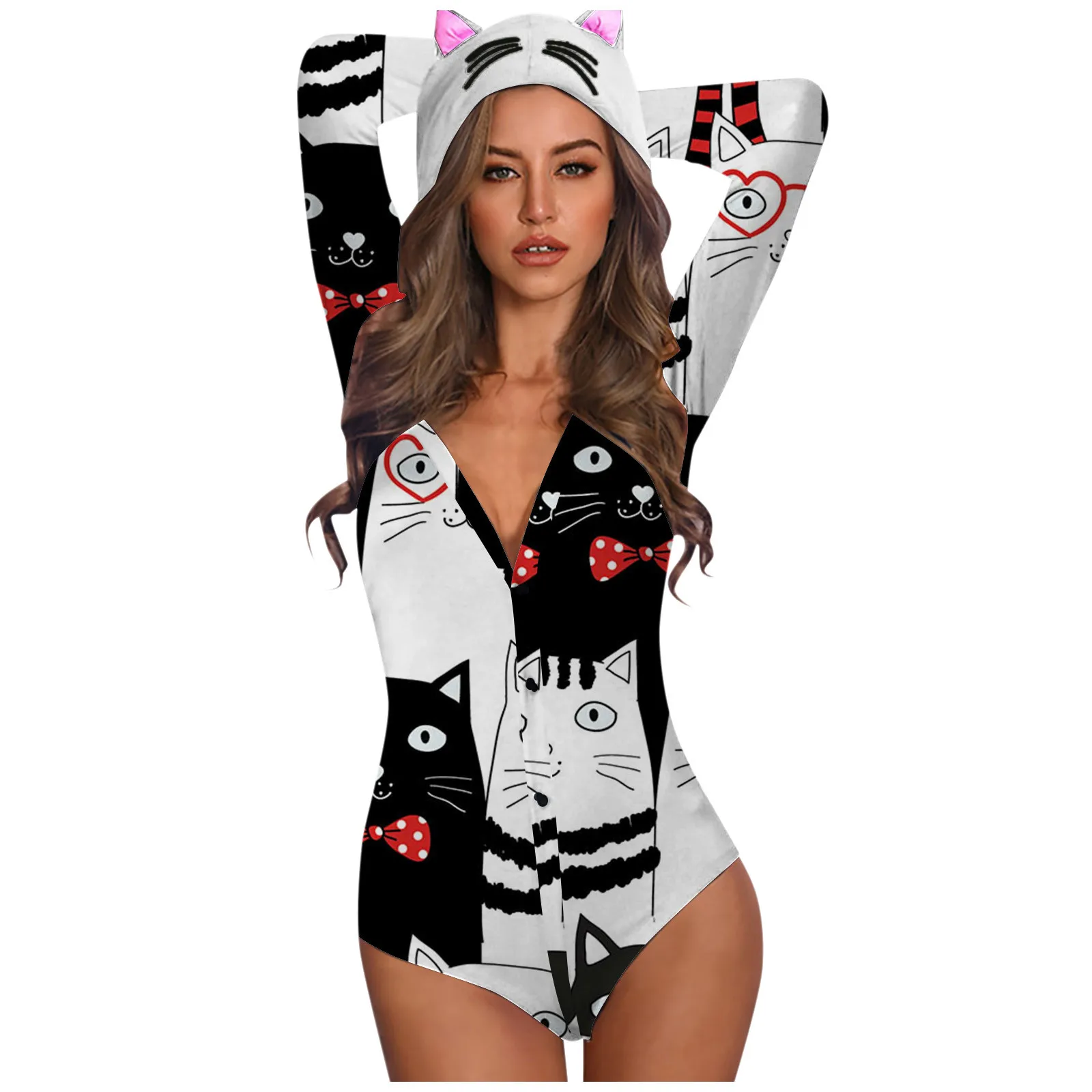 

Women Backless Print Long Sleeve Nightwear Jumpsuit Bodysuit Playsuit Romper