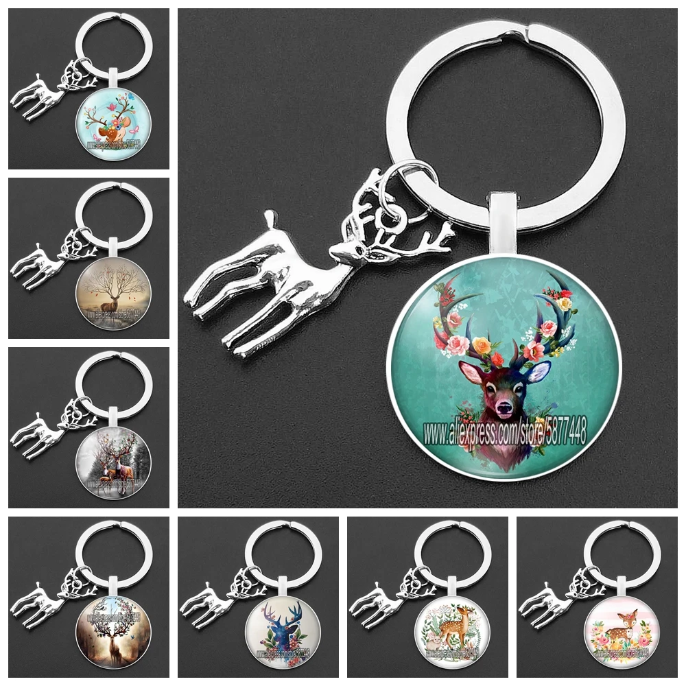 

Beautiful Elk Deer Glass Pendent Keychain Fashion Cartoon Sika Deer Key Ring Flower Horned Deer Key Chain for Women
