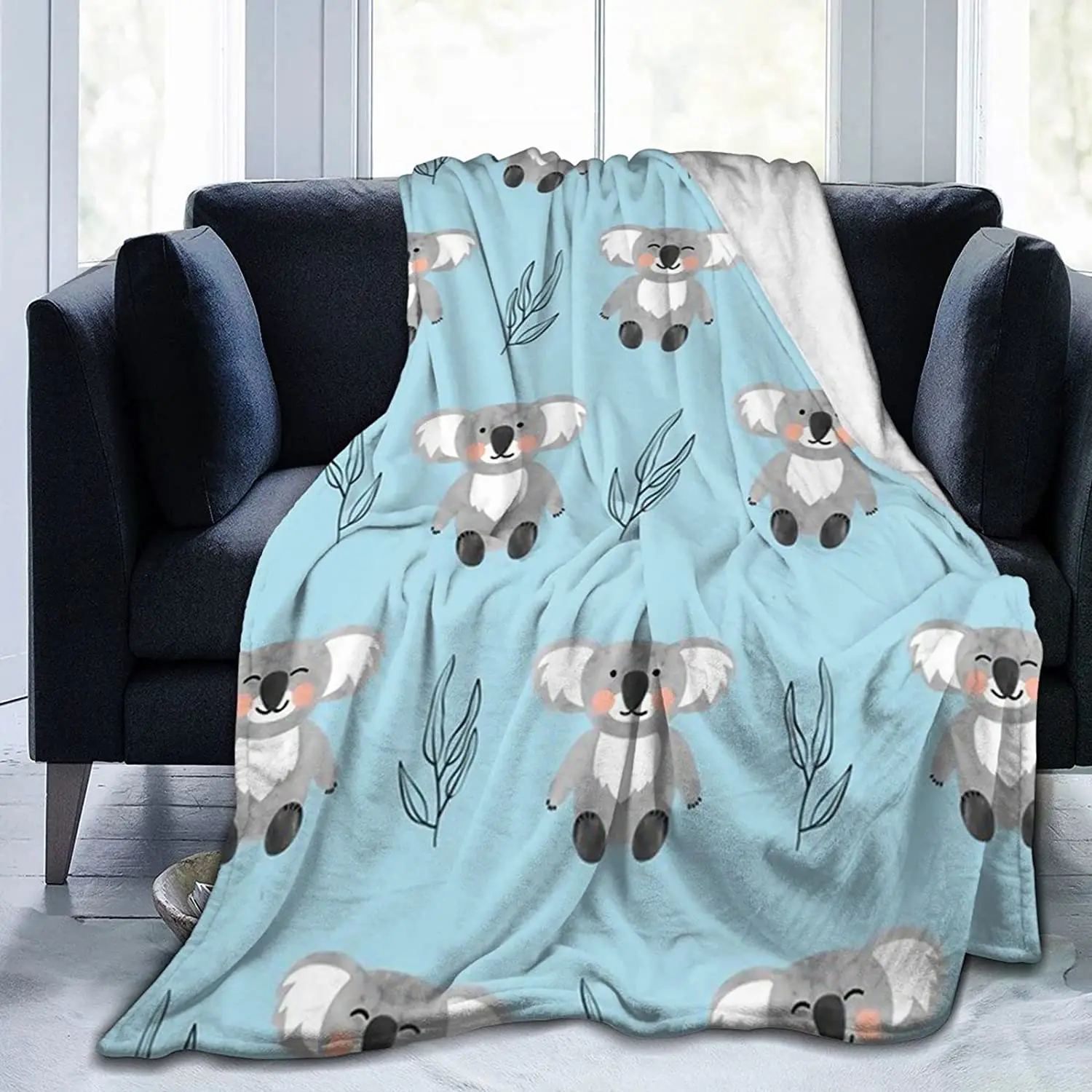 

Flannel Fleece Modern Throw Blanket, Cartoon Style Cute Koala Bears Funny Animal Blue Pattern Throw for Spring Recliner