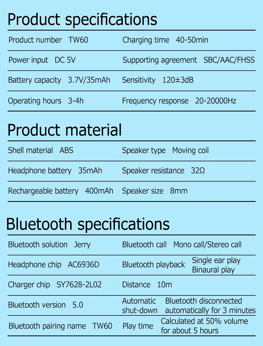 Wireless Headphones Bluetooth Earphone 5.0 Touch Bluetooth Headset TW60 TWS iPX5 Bluetooth Sports Earphones With mic