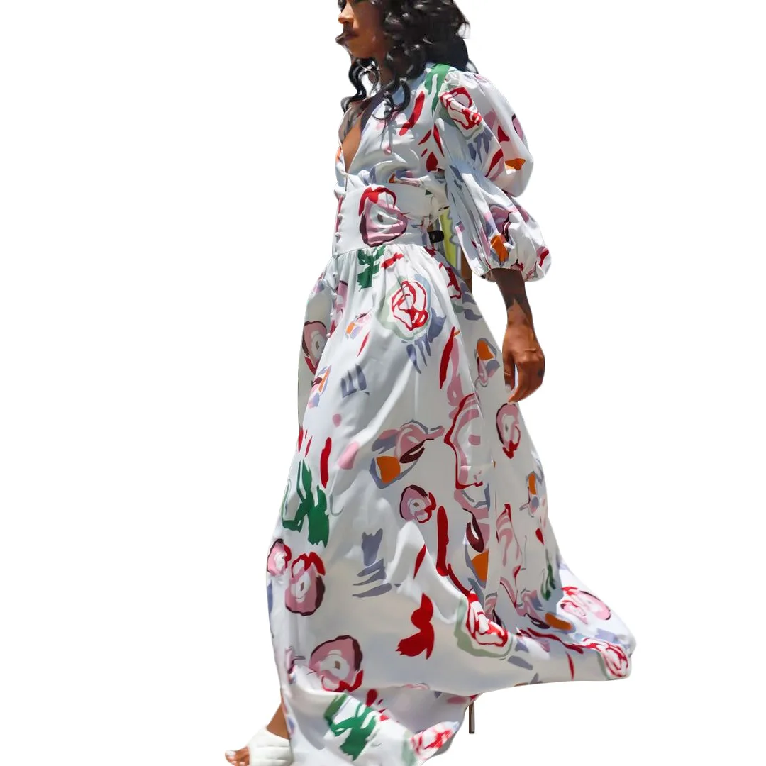 

Fashion Sexy Bubble Long-sleeved Printed Dress With Slits Women Mopping Skirt