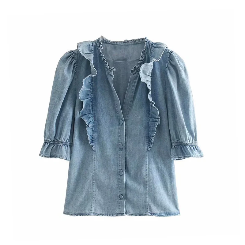 as picture Винтажные стильные плиссированные джинсовые блузки женские Модные V шеи эластичный с коротким рукавом манжеты женские рубашки Blusas Mujer шикарные топы - Цвет: as picture