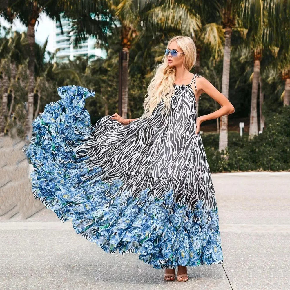 

Women Long Dress Print Loose Sexy Off-the-shoulder Beach Dress 2021 Casual Sleeveless Robe Bohemian Vestidos