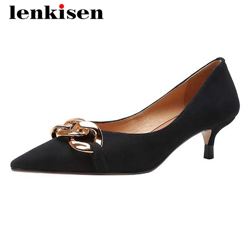 

Lenkisen nightclub fashion sheep suede chain decorations sexy pointed toe thin med heel slip on elegant ladies women pumps L18