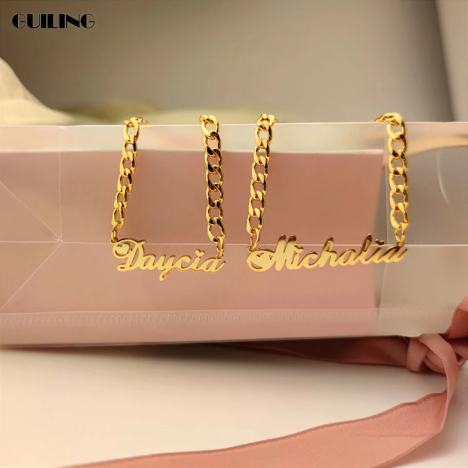 

Изящная Персонализированная кубинская цепь с именем на заказ ожерелье из нержавеющей стали 18 карат позолоченная прочная цепь ожерелье для ...