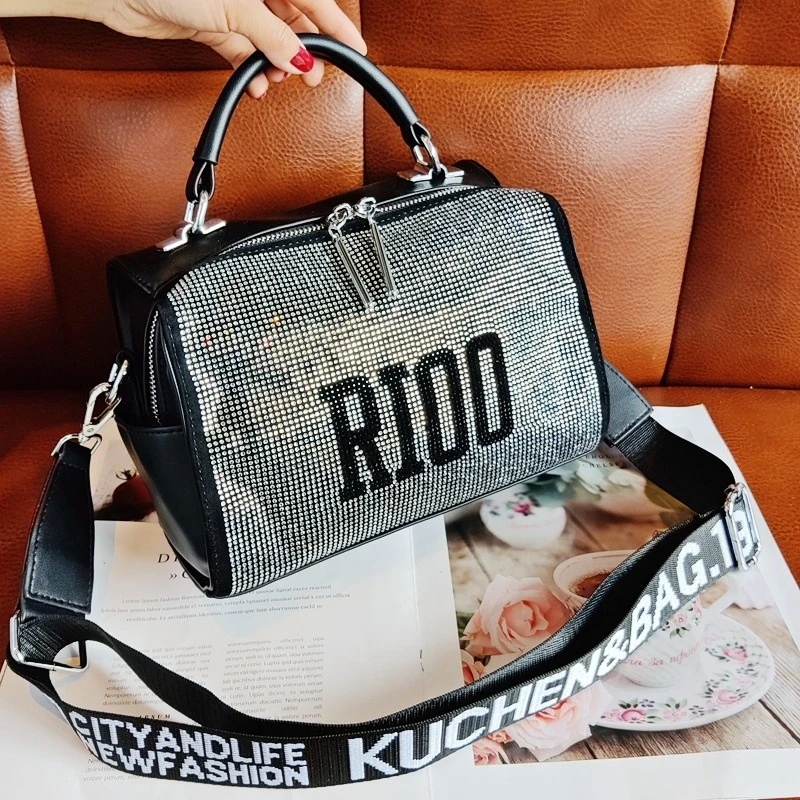 

Korean Split Leather Handbag for Women Crossbody Bags Rhinestone Letter Print Fashionable Purses Tote Designer Travel Bolsos