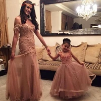 dark champagne tulle girl pageant gowns a line scoop floor length mother and daughter dress handmade flower cheap flower girls