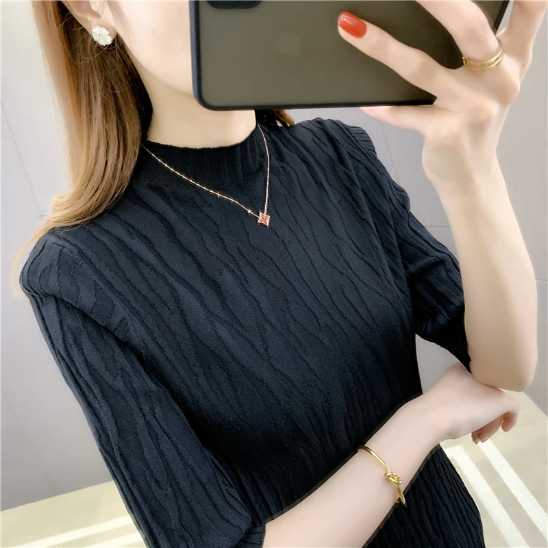 

19842 (6 room 1 row of no. 3) make ice silk pure color and a half high collar short sleeve turtleneck sweater 34