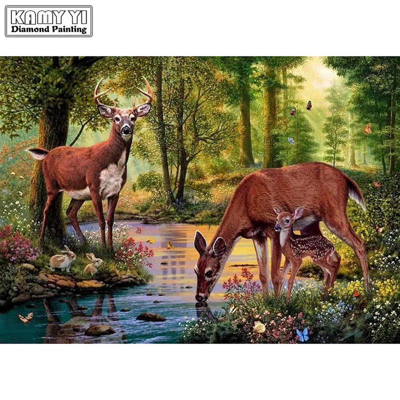 

5D DIY Diamond Mosaic Diamond Embroidery Cross Stitch Home Decoration Gift Deer in The Forest Drinking Water Embroidered Square