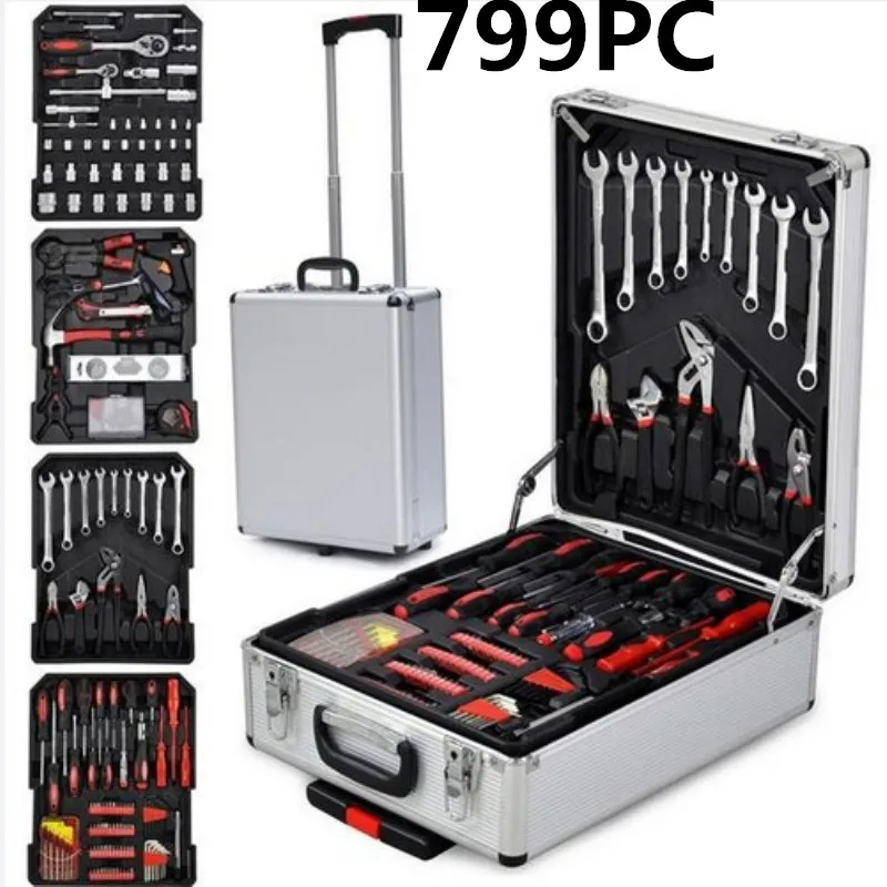 

1/799Pcs Screwdriver Tools Sets Aluminum Trolley Case Tool Set Silver Repair Tool Durable Quick Socket Ratchet Wrench Rod Tool