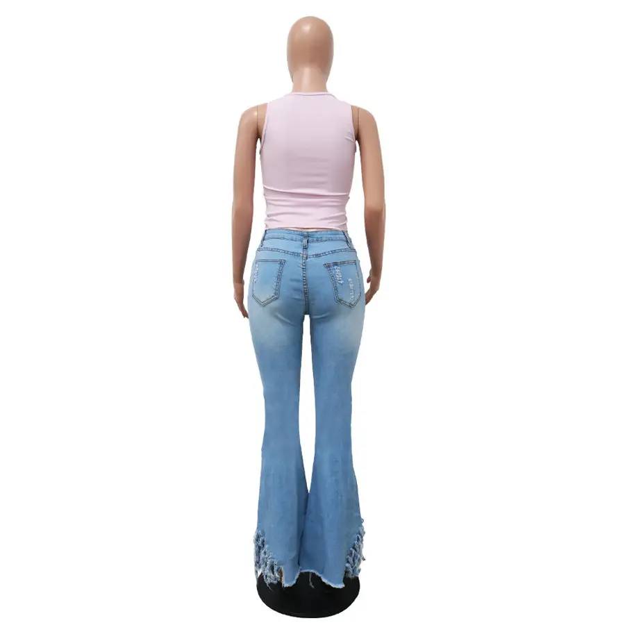 

Women Pant High Waist Elatic Hight Casual Denim Sexy Hollow Hole Tassels Patchwork Flare Jeans Hip Hop Bell Bottom Long Trouser