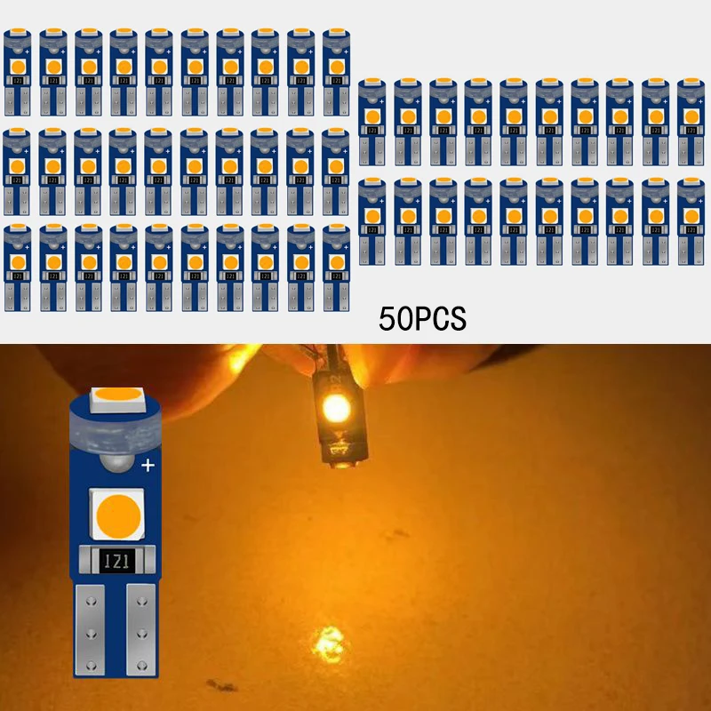 

50Pcs/Lot Car LED Bulbs Super Bright Yellow T5 3030 3SMD 12V Canbus Error Free Instrument Cluster Panel Dash Light,Plug and Play