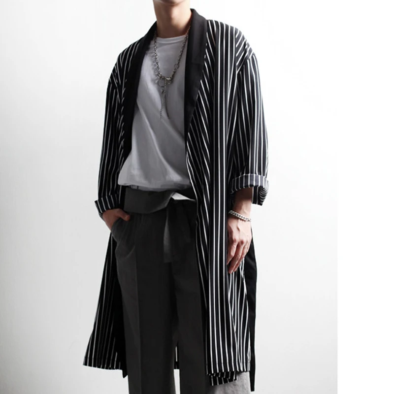 

Autumn and winter windbreaker thin section tide men Korean fashion striped mid-length loose windbreaker men's long coat jacket