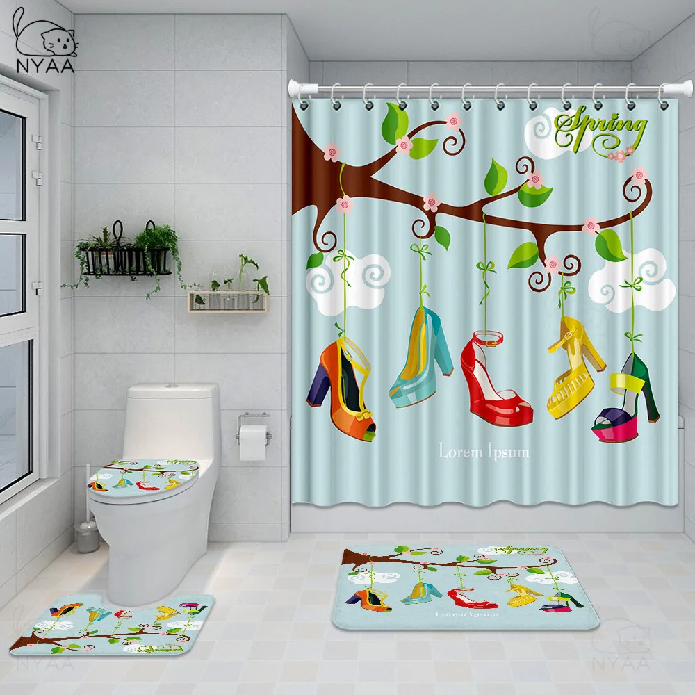 Kopen Zwart Douchegordijn Roze Hoge Hakken Badkamer Gordijnen Met Haken Antislip Tapijten Wc Deksel Cover Mat Tapijt Set Home Decor