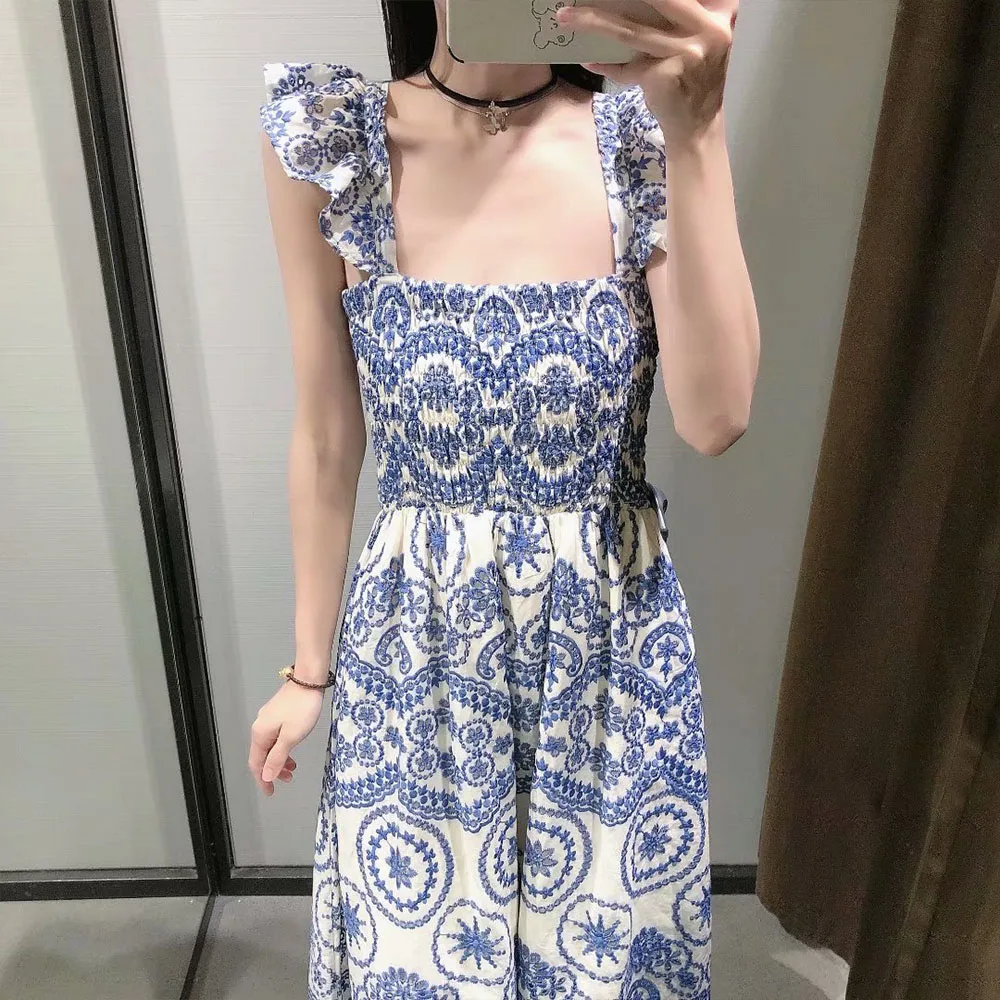 

DiYiG WOMAN 2021 summer new women's back hollow design smart suspender skirt mid-length A- line hollow embroidered dress ZA