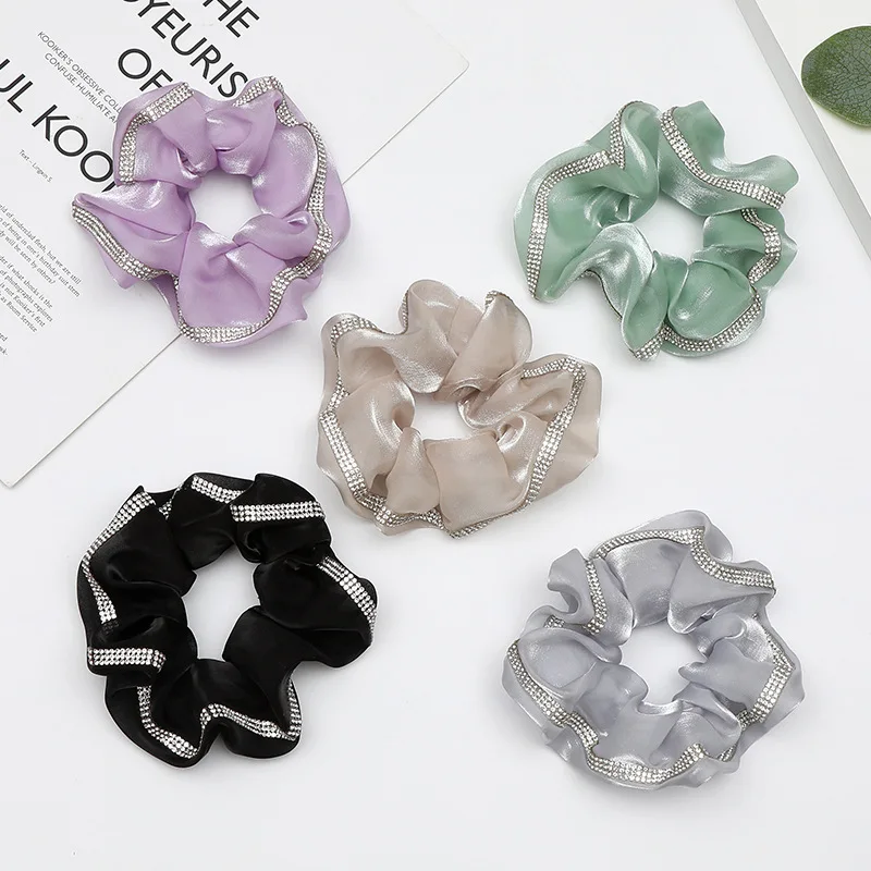 

New arrival Fashion women Bright silk Hair bands double rhinestone hair scrunchies girl's hair Tie Accessories Ponytail Holder