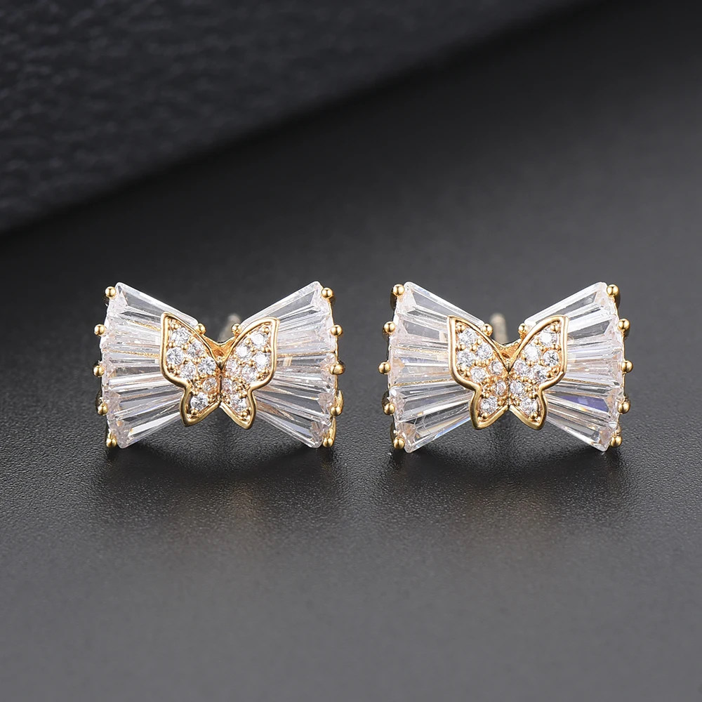 

KellyBola Delicate Women Girls Earrings Bowknot Shape Full Cubic Zirconia Inlaid Fashion Jewelry Stud Earrings Daily Wear NEW