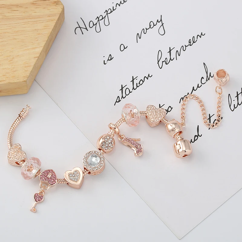 

New Arrival Love Heart key Charm Beads Fits Rose Gold Color Snake Chain Charm Bracelet DIY Romantic Brand Jewelry For Women
