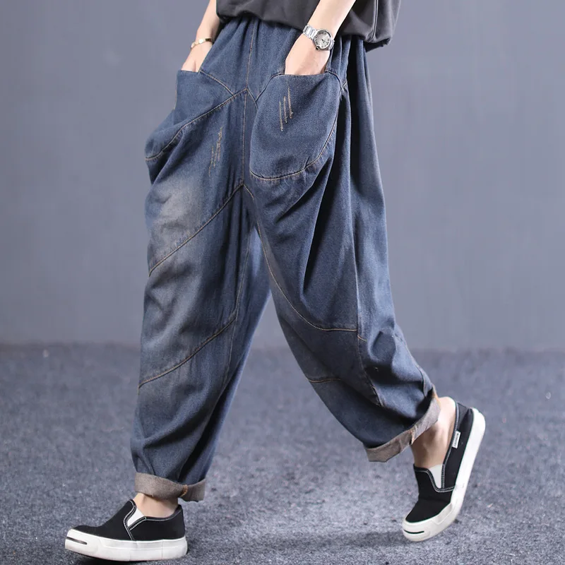 

2021 Spring and Autumn New Retro Loose Large Size Artistic Irregular Pocket Slash Harem Jeans