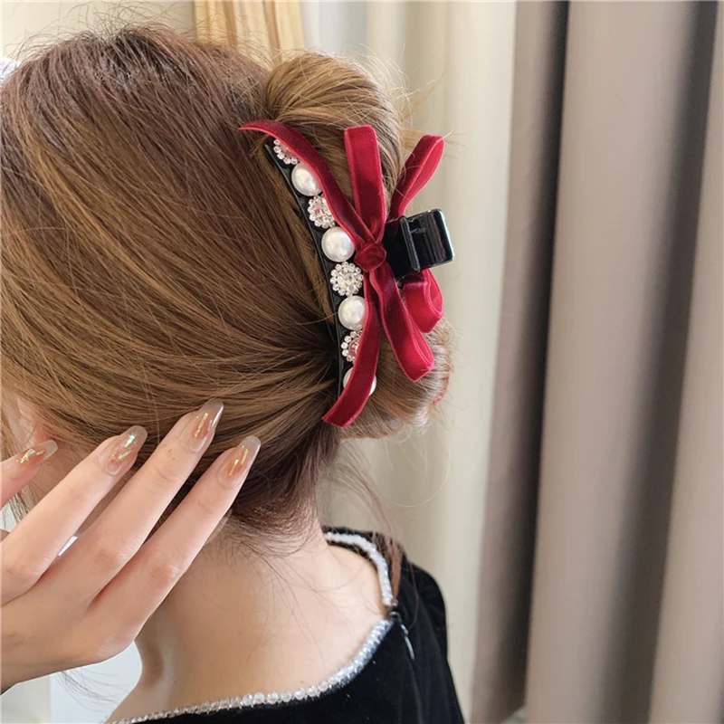 

Новые корейские жемчужные бархатные заколки для волос с бантом стразы женские заколки яркого цвета милые головные уборы для девушек