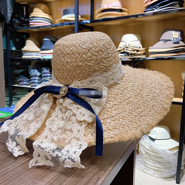 

202001-shi new spring summer handmade raffia grass white lace big bowknot holiday lady sun cap women leisure beach hat
