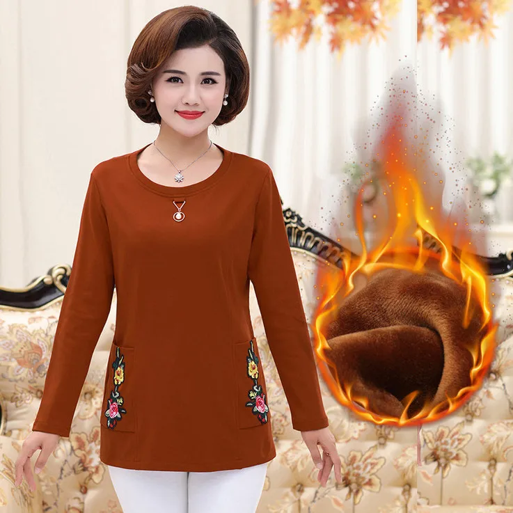 warm tops fall winter women thick long sleeves t-shirts velvet jersey plus size middle age mother shirt pulloves bottoming shirt - Цвет: velvet caramel color