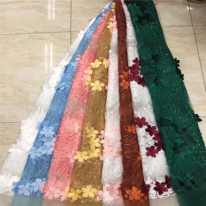 Африканская кружевная ткань с объемным цветком бисером и блестками 2019 белый цвет