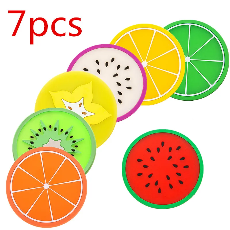 

7 PCS Fruit Shape Silicone Cup Pad Slip Insulation Pad Cup Mat Holder Orange/Watermelon/Carambola/Dragon Fruit