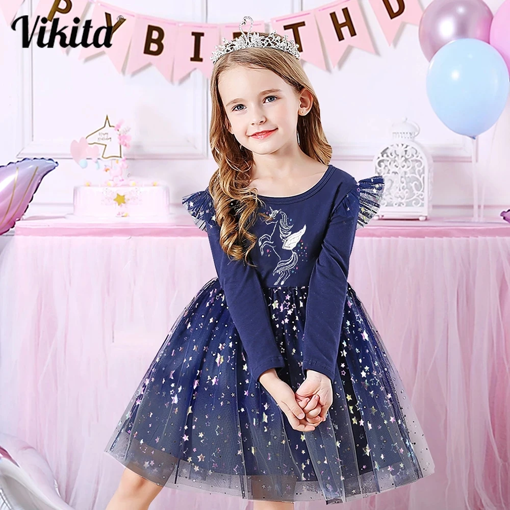 

VIKITA Girls Long Sleeve Dress Autumn Winter Girls Unicorn Dress for Kids Children Birthday Party New Year Princess Costumes