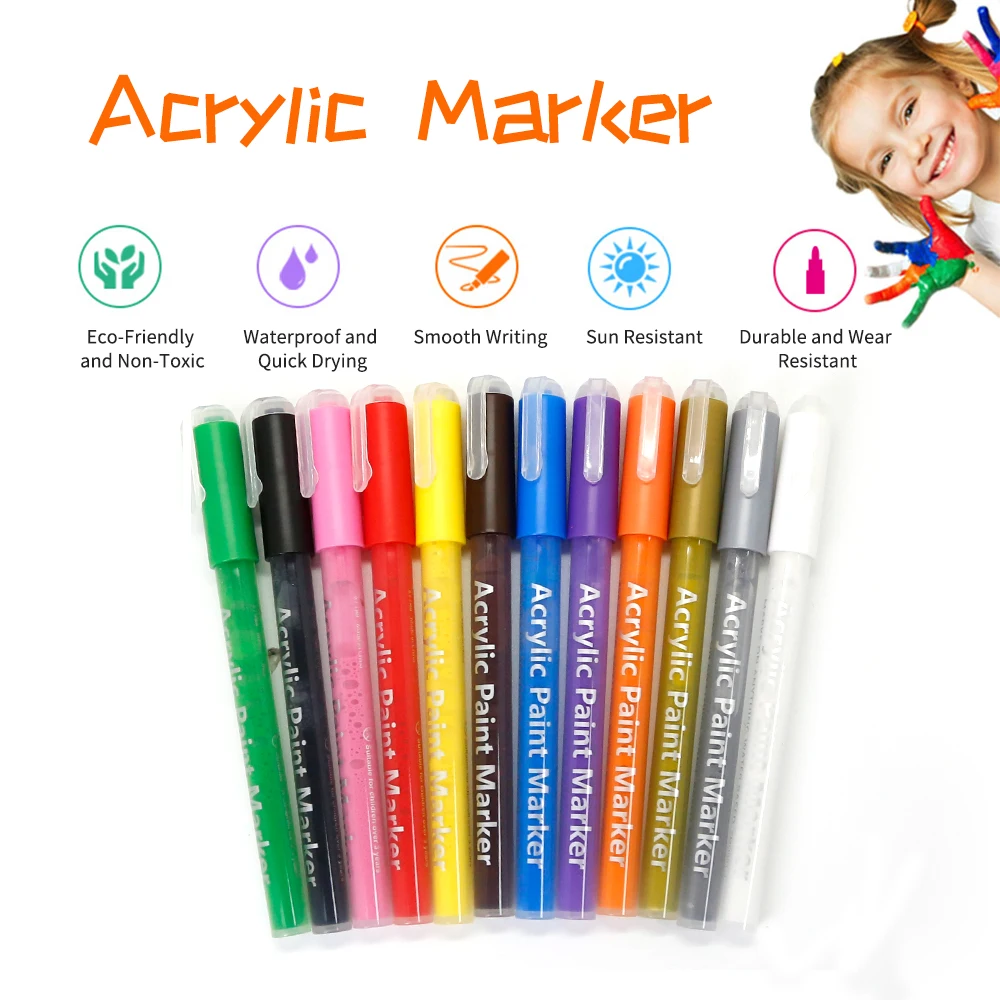 

12 Colors Acrylic Paint Markers Set Water-Based Art Marker Pen 0.7-2mm Fine Tip for DIY Craft Canvas Ceramic Glass Wood Stone