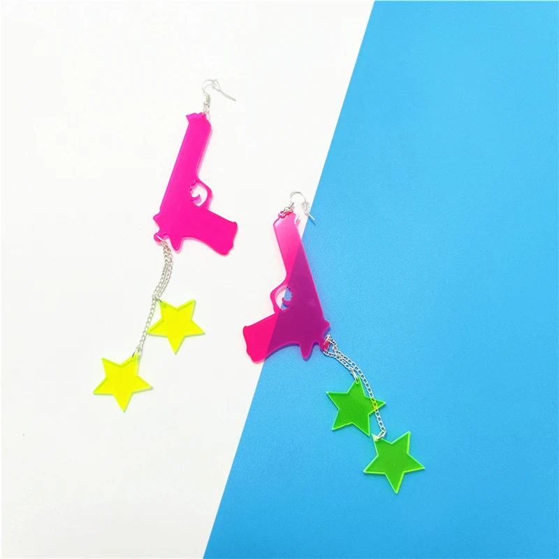 

17cm/6.69'' Long Tassel Drop Earrings for Women Gun And Stars Silver Color Link Chain Pink Green Hiphop Rock Acrylic Jewelry