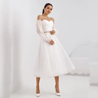 sexy strapless wedding dresses 2021 puff sleeves bridal gown ankle length crystal sashes summer a line robe de mari%c3%a9e organza