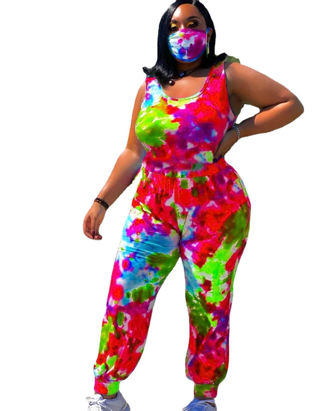 

Women Plus Size Jumpsuit Tie Dye Sleeveless O-neck Elastic Waist Loose Pencil Jumpsuits One Piece Overalls Summer Outfit