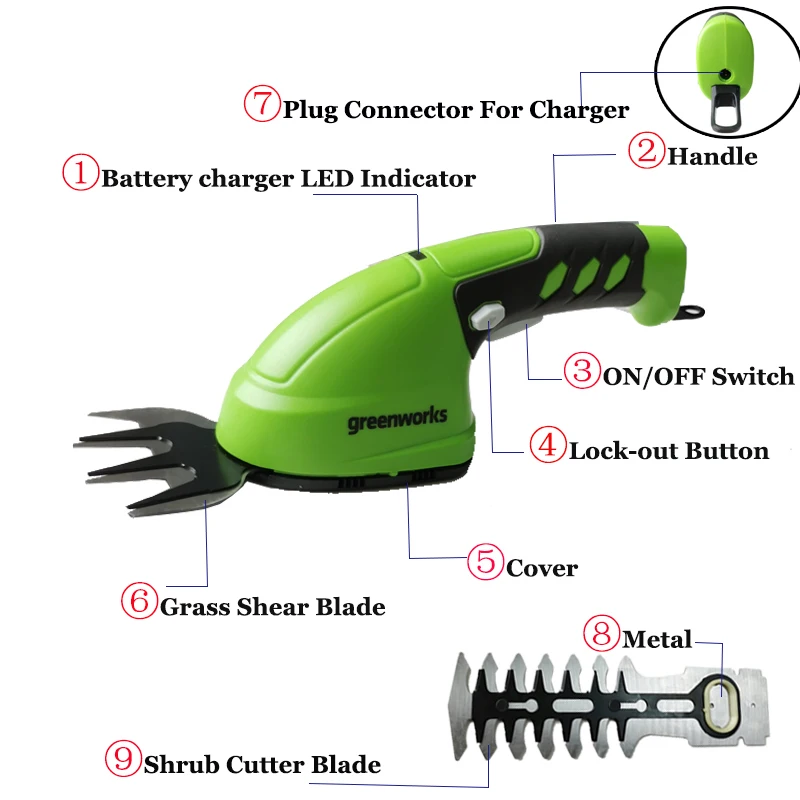 Greenworks Electric Mini Trimmer Cordless Hedge and Grass Trimmer 7.2V Lithium Battery 2 in 1 Shrub Grass Trimmer Garden Tools