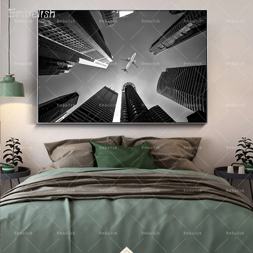 

Embelish 1 Pieces Aircraft Flying Above City Landscape Wall Pictures For Living Room Modern Home Decor HD Canvas Painting Poster