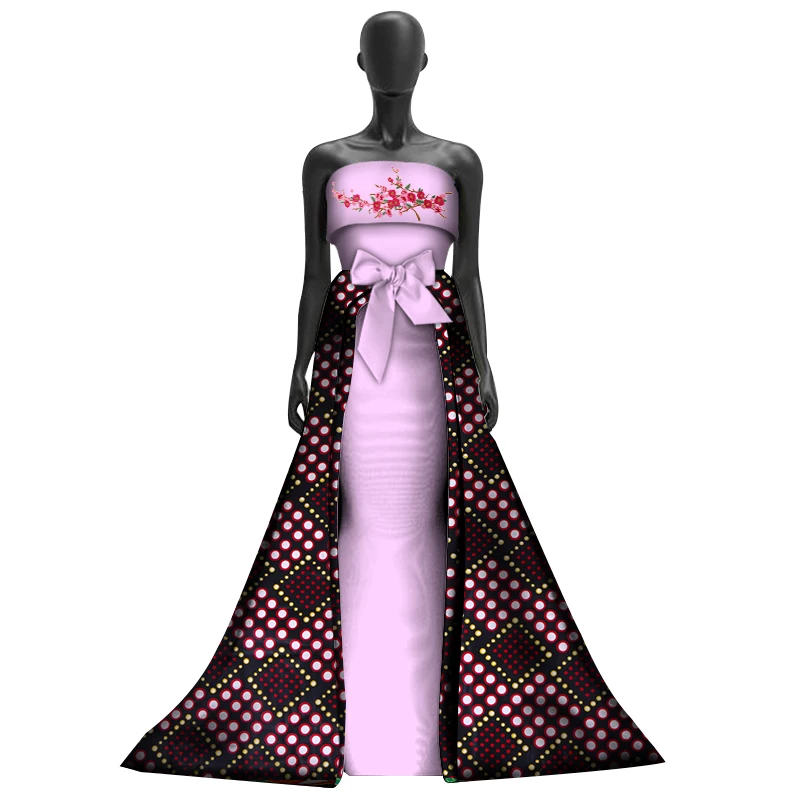 Women Applique Long Trailing Dresses Bazin Riche African Bowknot Print Off Shoulder Dresses for Women African Clothing WY3019
