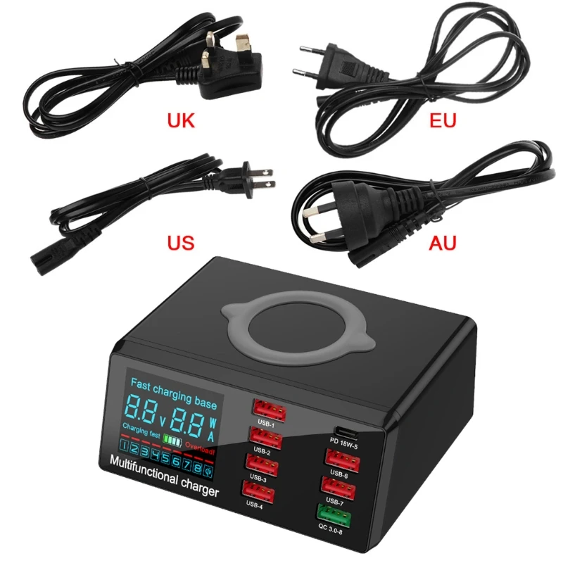 

8Ports QC 3.0 USB & Type C PD Fast Charger Adapter 10W Wireless Charger Station with Digital Display for Mobile Phone Tablet