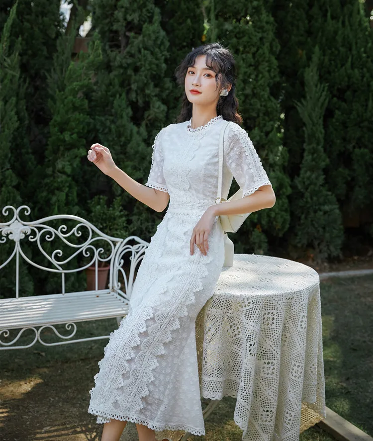 

Women Mermaid Fishtais Party Dress Summer 2020 Fashion O-Neck Patchwork Lace Ruffles Dress Slim Ruffles Embroidery Long Dress