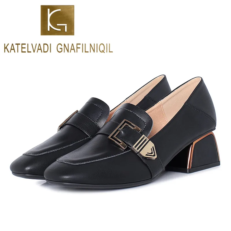 

KATELVADI Women Dress Shoes Oxford Shoes Formal Work Footwear Slip-on Retro Shoes Buckle Women Shoes Thick Heel Loafers XSX005