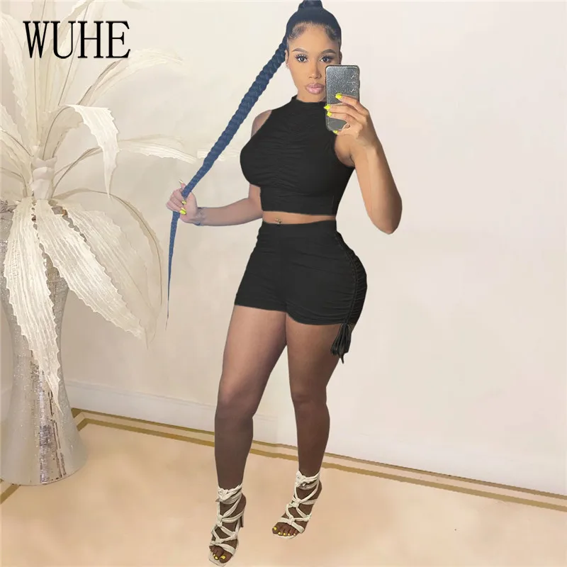 

YEYA Casual Women 2 Piece Sets O Neck Sleeveless Off Shoulder Tanks Top and Side Pleated Drawstring Lace Up Pants Streetwear