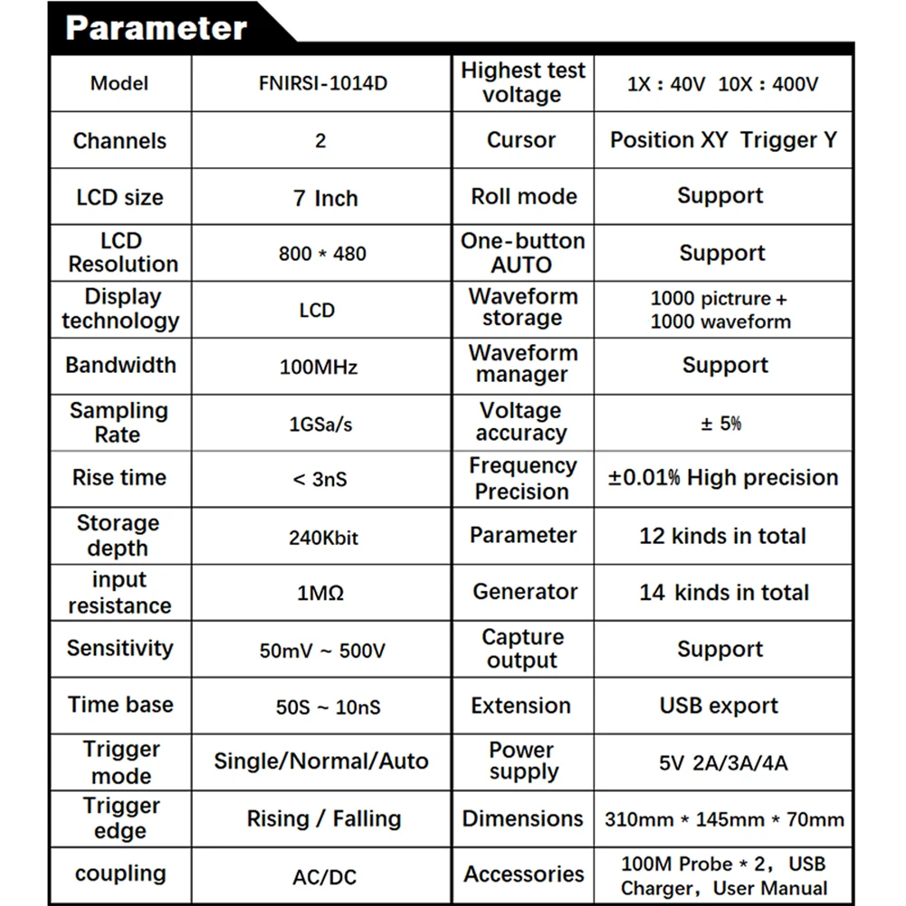 

FNIRSI-1014D TFT Oscilloscope 2 In 1 Dual Channel Input Signal Generator Desktop Oscilloscope 100MHz* 2 1GSa/s Sampling Rate