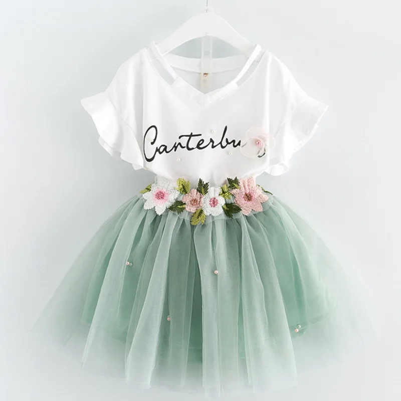 

Girls Dresses 2019 Brand Kids Clothes Butterfly Sleeve Letter T-shirt Floral Voile Dress 2Pcs for Clothing Sets Children Dress
