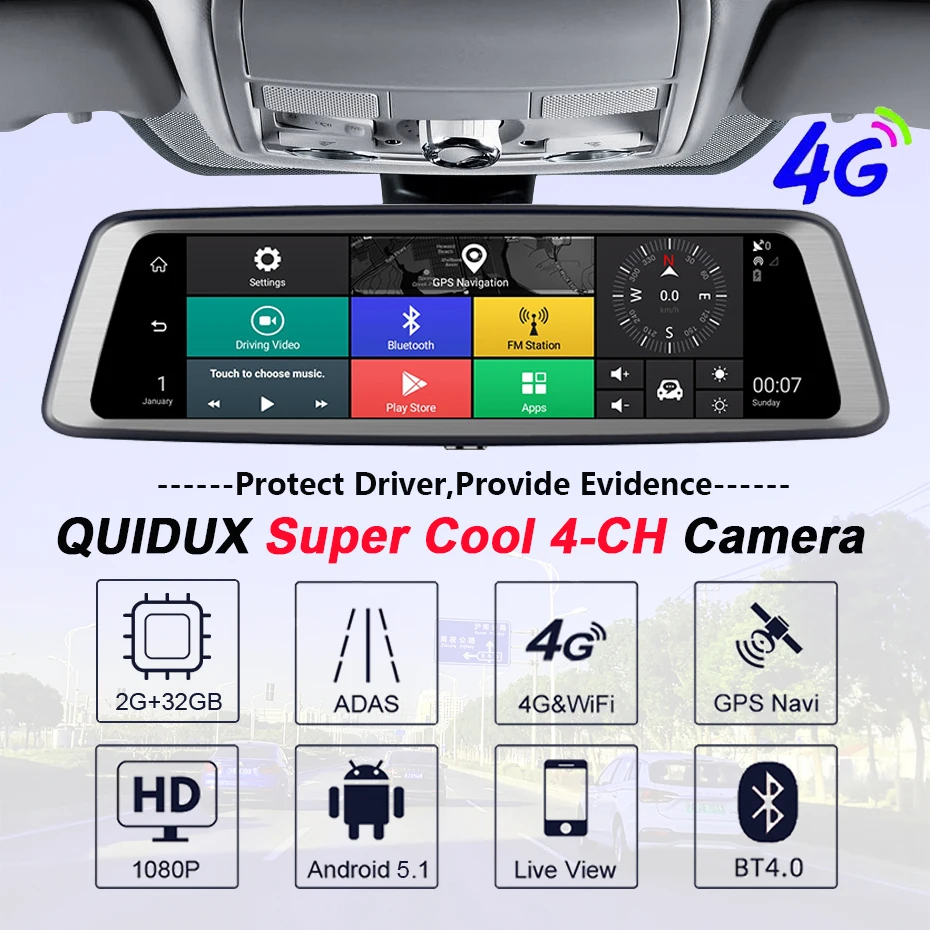 QUIDUX 1" 4G 4 камеры Автомобильный видеорегистратор ADAS Android автомобильный видеорегистратор FHD 1080P зеркало заднего вида с gps навигацией Dashcam