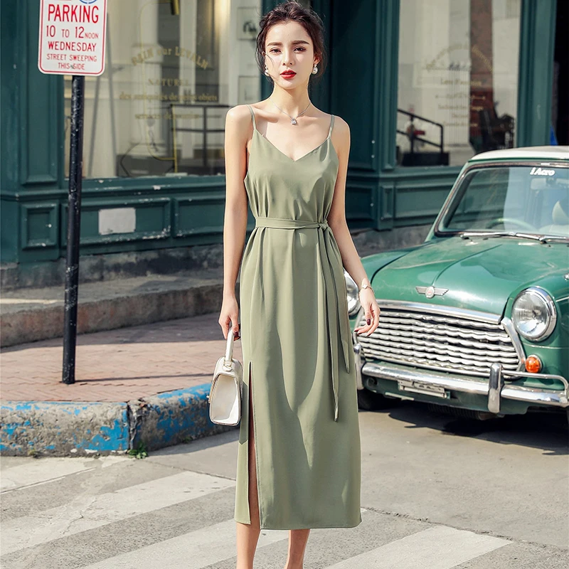 

XS-XL Bandage Belt Dress Sexy Fashion Long Dress Solid V-Neck Split Chiffon Dress Summer Beach Straight Vestidos Plus Size Party
