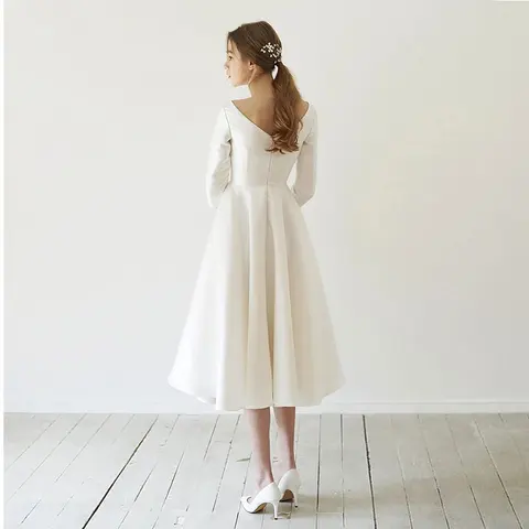 Simple Satin Tea-length Robe De Mariee Vestido Wedding Dress Robe De Soiree Simple Robe De Soiree Vestido De Novia A-line