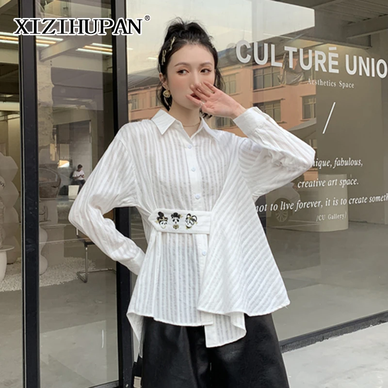 

XIZIHUPAN White Striped Shirt For Women Lapel Long Sleeve Patchwork Sashes Irregular Hem Loose Women's Blouse 2021 Autumn Style